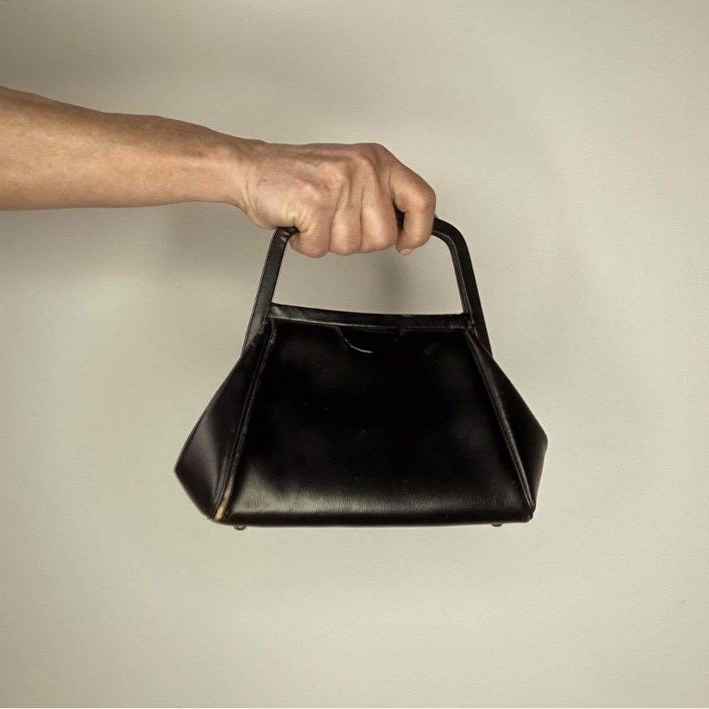 Very Vintage Black Leather Hand Purse with Cream leather lining and inner pocket